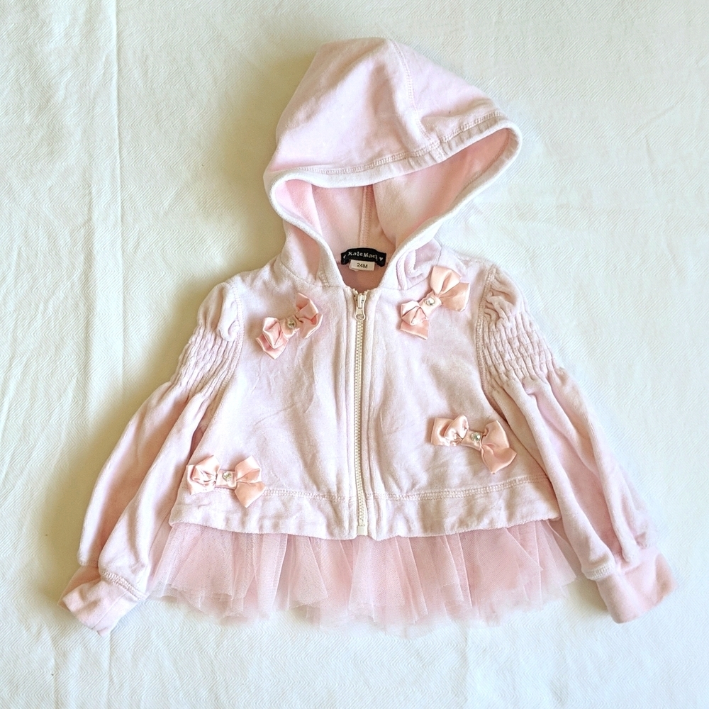 Kate Mack ballet pink velour zip-up hoodie with bows & tulle 24 months